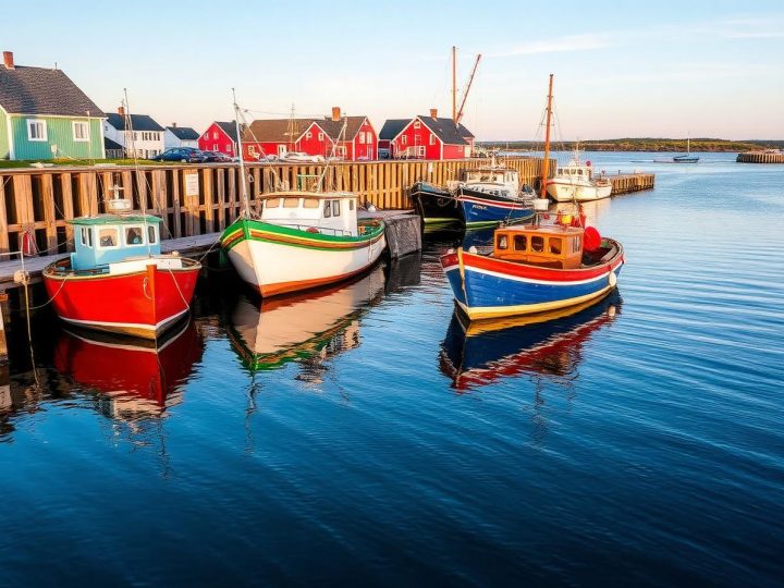 Colourful fishing boats moored at North Rustico harbour at sunrise