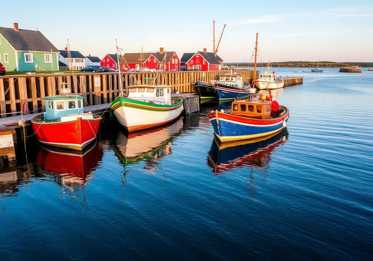 Colourful fishing boats moored at North Rustico harbour at sunrise